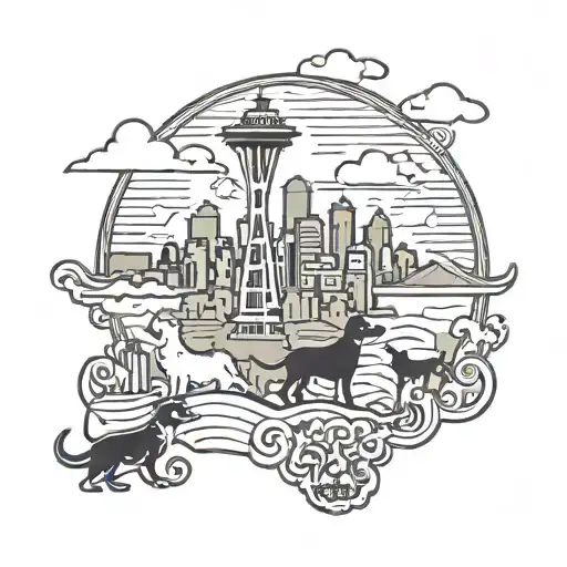 A Seattle skyline with a silhouette of a Chihuahua, Dachshund, and Jack Russel Terrier in the foreground tattoo design idea