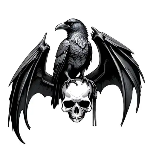 A dark blackwork tattoo of a raven perched on a skull with bat wings in the style of Avenged Sevenfold logo — hyper deta tattoo design idea