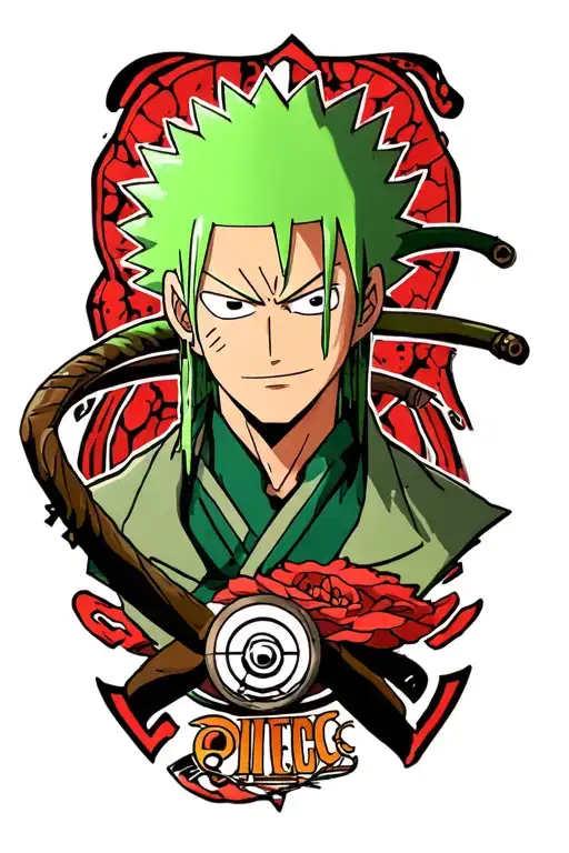 roronoa zoro sorrounded by one piece logo combined tattoo design idea