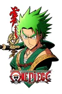 roronoa zoro sorrounded by one piece logo combined tattoo design idea