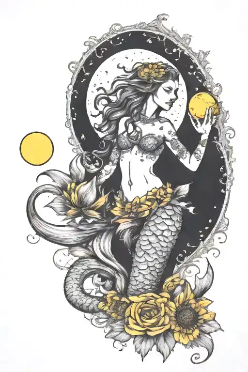 mermaid with it's tail wuth sunflowers and yellow carnations, while holding a moon in her hands tattoo design idea