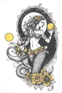 mermaid with it's tail wuth sunflowers and yellow carnations, while holding a moon in her hands tattoo design idea
