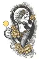 mermaid with it's tail wuth sunflowers and yellow carnations, while holding a moon in her hands tattoo design idea