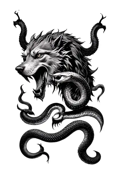 Scylla snakes fighting hell hound cerberus head tattoo design idea