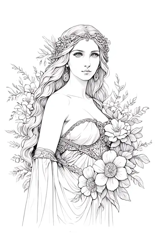 goddess Circe with flowers waist up tattoo design idea