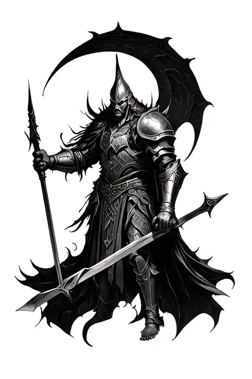 Full‑arm sleeve from shoulder to wrist, blackwork style with heavy blacks and stippling, upper part: witch king in armor tattoo design idea
