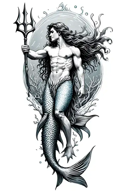 A merman (male mermaid) with a detailed fish tail•  He is lifting her onto coral•  Holding a trident / spear-for tattoo design idea