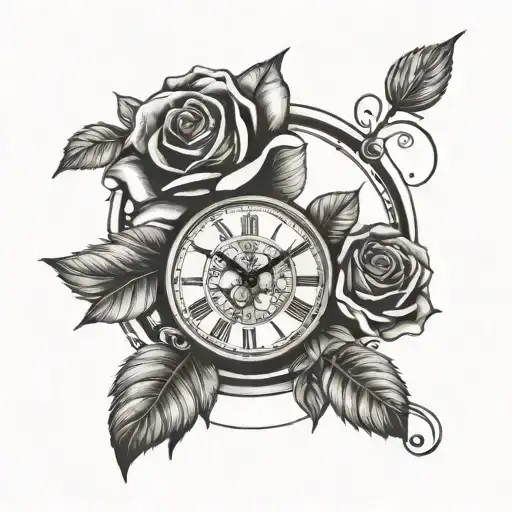 roses intertwined clock face tattoo design idea