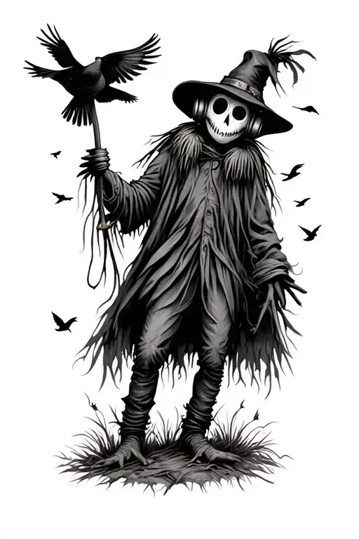 A gothic scarecrow looking forward with headphones and birds off in the distance tattoo design idea