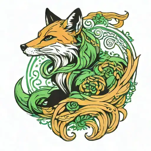 a fox with green eyes and long hair tattoo holding tattoo design idea