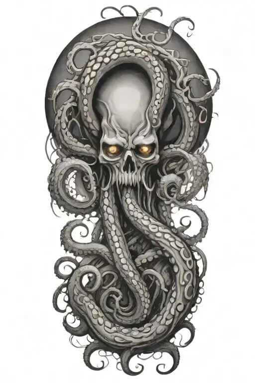 A black and grey tattoo of a malevolent kraken overtaking a skull with its massive tentacles  tattoo design idea