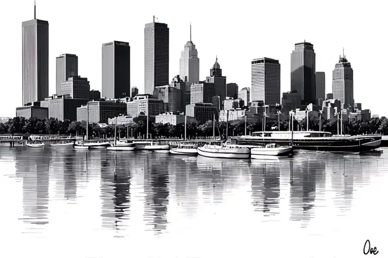 Detroit Michigan skyline that transitions to ore dock in Marquette Michigan tattoo design idea