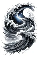 Realistic galaxy morphing into stormy waves, full sleeve in black and grey, dark and fluid vibe tattoo design idea