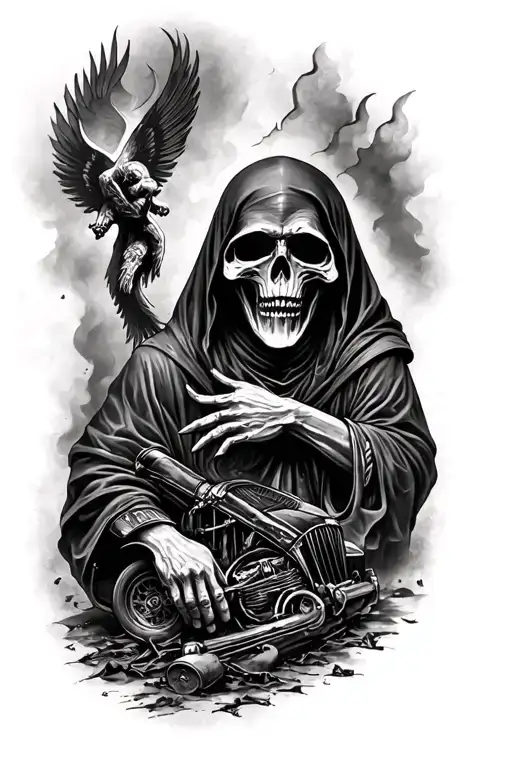 tricep tattoo about surviving a a car accident, burn scar, with the grim reaper and God involved  tattoo design idea