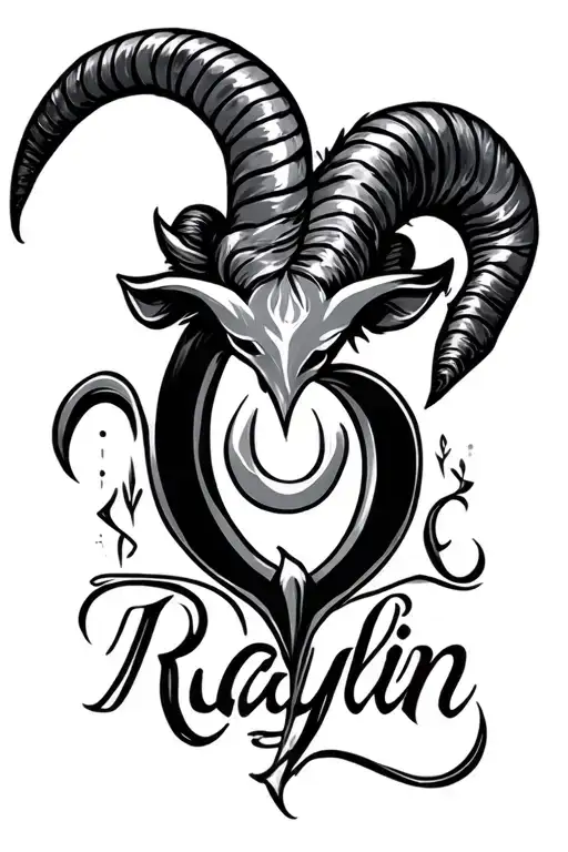 cursive lettering that spells out "Raylin," and the "n" turns into the Capricorn symbol tattoo design idea