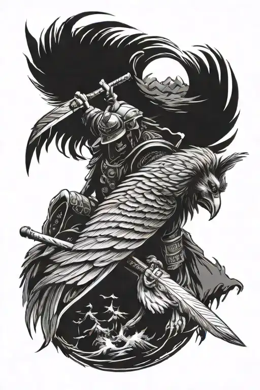 lone wolf eagle feather samurai warrior tattoo design idea