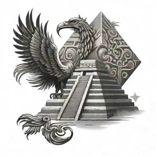 Mayan pyramid with phoenix next to it tattoo design idea