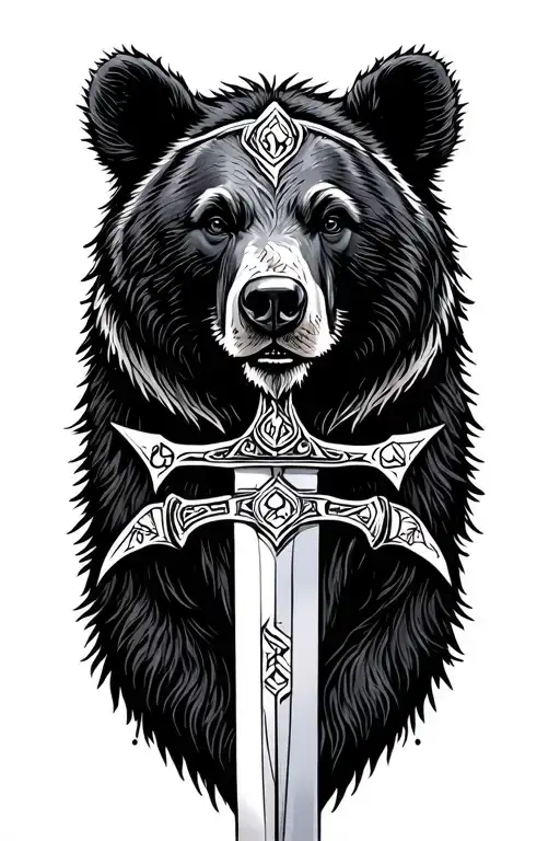 black bear, viking runes and sword tattoo design idea