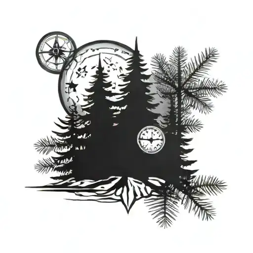 3 pine trees with compass and moon above tattoo design idea