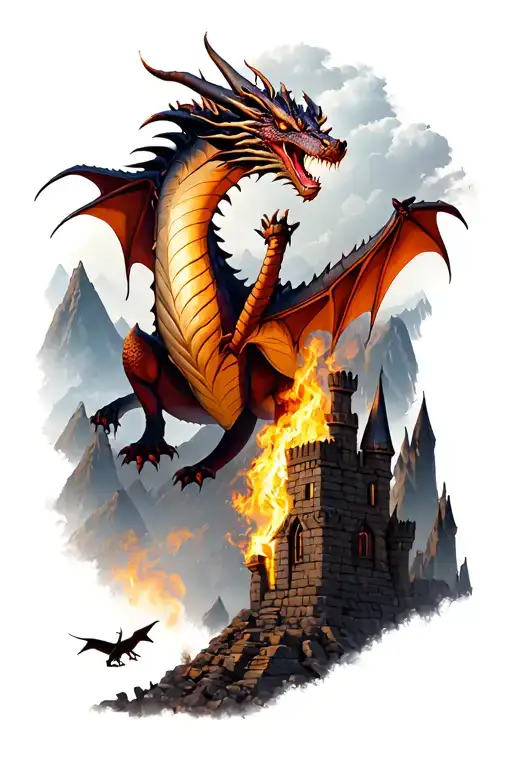 western dragon breathing fire standing on damaged castle ruins. another smaller dragon is flying arround. mountains tattoo design idea