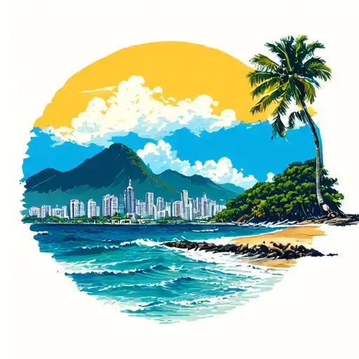 the sea, the city on the shore and some round peek shaped brazilian mountains on the background tattoo design idea