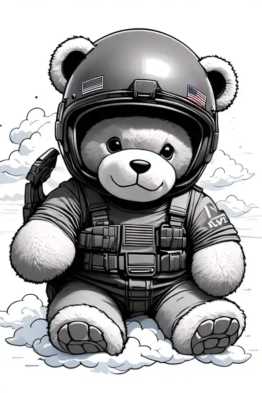teddy bear wearing top gun helmet fighter surrounded by clouds tattoo design idea