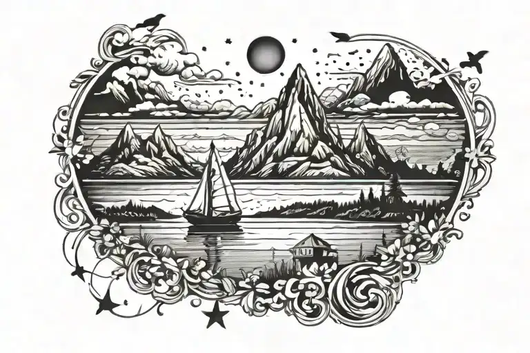 Master of my fate captain of my soul landscape mountains sail boat silhouette of birds stars lake clouds tattoo design idea