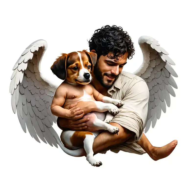 baby dog ​​and a man with wings in the style of an angel holding him tattoo design idea