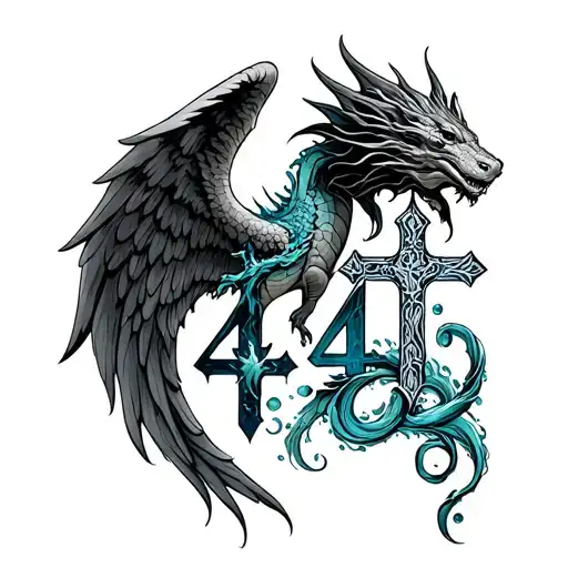 Angel number 444 Cross with  and water dragon   with a ocean vibe the fits  behind the ear tattoo design idea