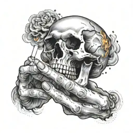 a hand holding a burning cigarette and the smoke forming a skull shape tattoo design idea
