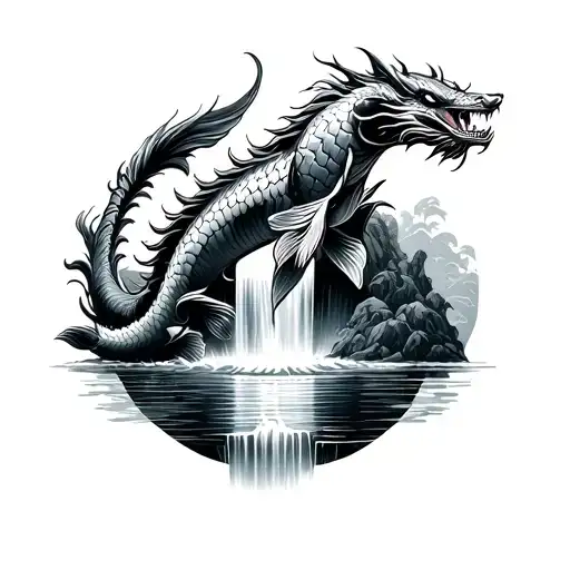 koi fish swims up a waterfall and turns into a dragon upon reaching the top tattoo design idea