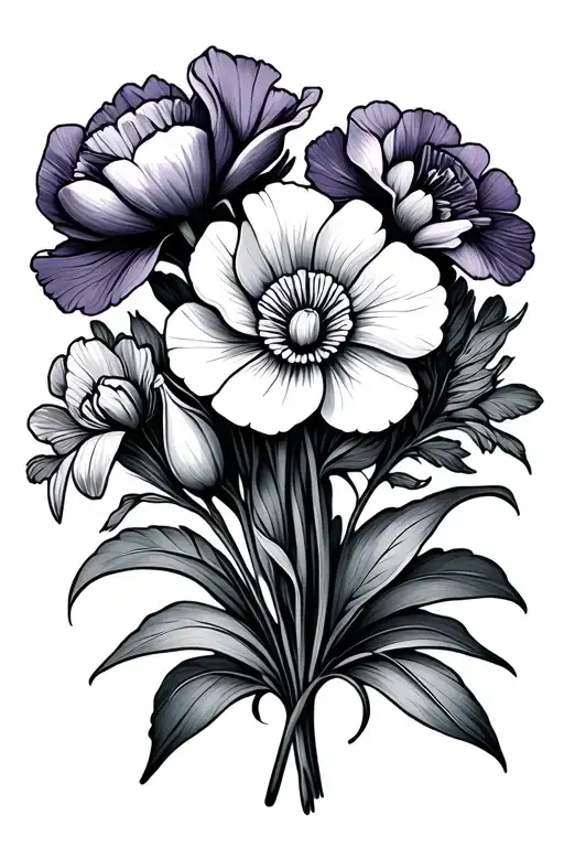 carnation, snowdrop, violet, primrose and iris bouquet  outline tattoo design idea