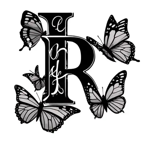 block letter R with butterflies and the name "Ruth" tattoo design idea