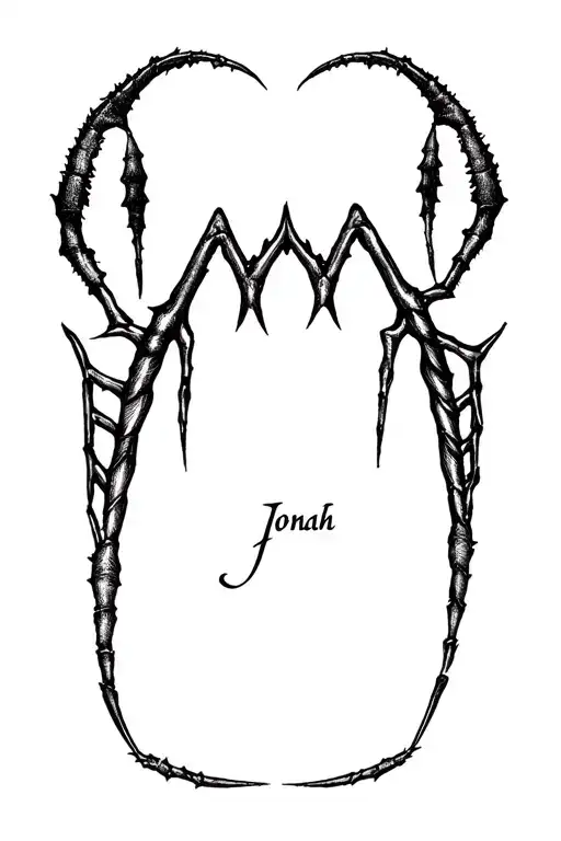 scorpio sign like the letter m with the name Jonah, fine black lines, decorated tattoo design idea