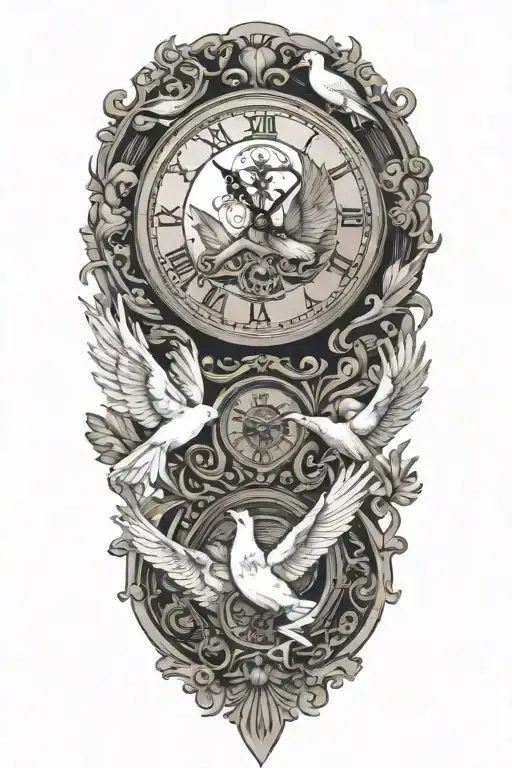 clock surrounded by doves flying tattoo design idea