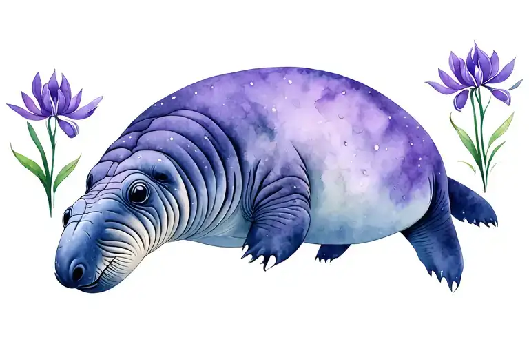 Water color manatee underwater with purple water hyacinth all around it tattoo design idea