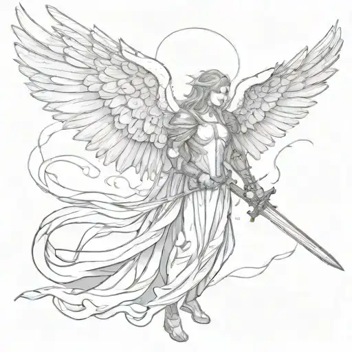 fallen angel with with wings and a sword  tattoo design idea