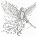 fallen angel with with wings and a sword  tattoo design idea