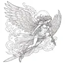 fallen angel with with wings and a sword  tattoo design idea