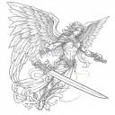fallen angel with with wings and a sword  tattoo design idea