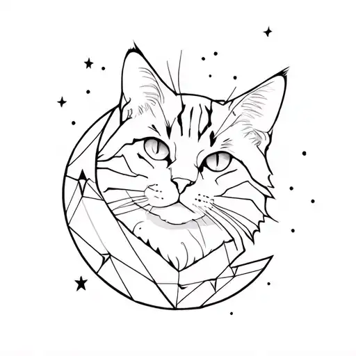 Silhouette of Maine Coon black cat, with a crescent moon, geometric style with stars  tattoo design idea