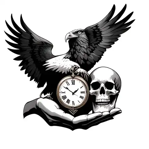eagle, clock, skull and hand holding a heart tattoo design idea