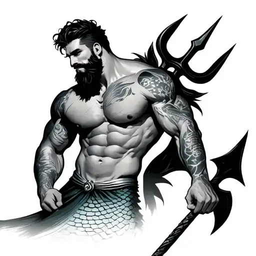 Gay sexy muscular merman with a trident, body hair; huge bulge, flexing one bicep, medium haircut, medium beard tattoo design idea