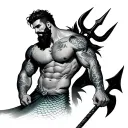 Gay sexy muscular merman with a trident, body hair; huge bulge, flexing one bicep, medium haircut, medium beard tattoo design idea