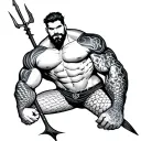 Gay sexy muscular merman with a trident, body hair; huge bulge, flexing one bicep, medium haircut, medium beard tattoo design idea