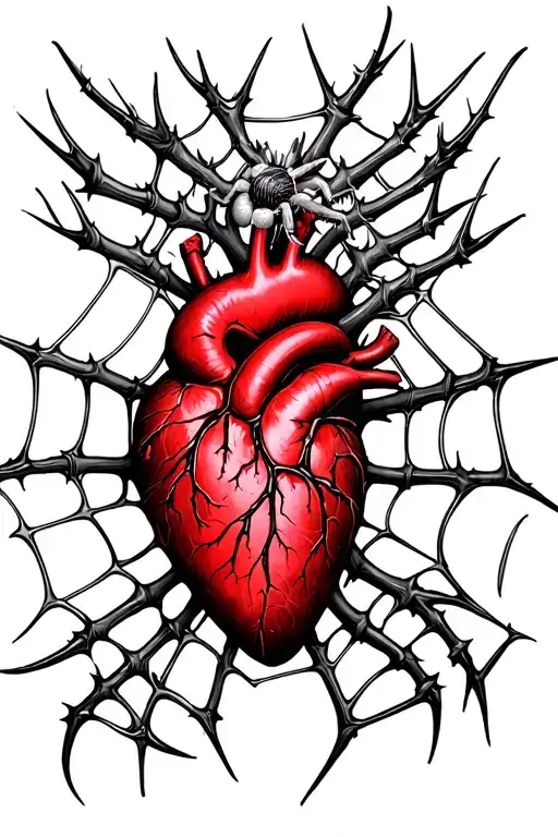 kneecap tatto red heart outline in a red spider web add black and white thorns at top and bottom add a small spider tattoo design idea
