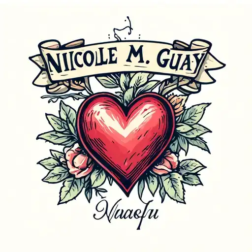 Heart and banner saying Nicole M Guay tattoo design idea