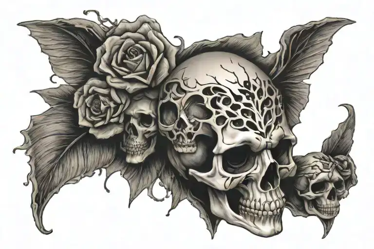 broken heart with skull face morphing tattoo design idea