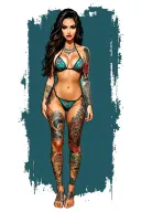 Sexy girl, petite, small boobs, wide hips, bikini . long hair,sexual. Seductive. Full Body, standing with legs and feet tattoo design idea