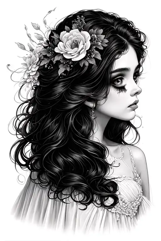 Pretty woman whos left eye is missing with dark hair in a flowing white dress looking sad tattoo design idea